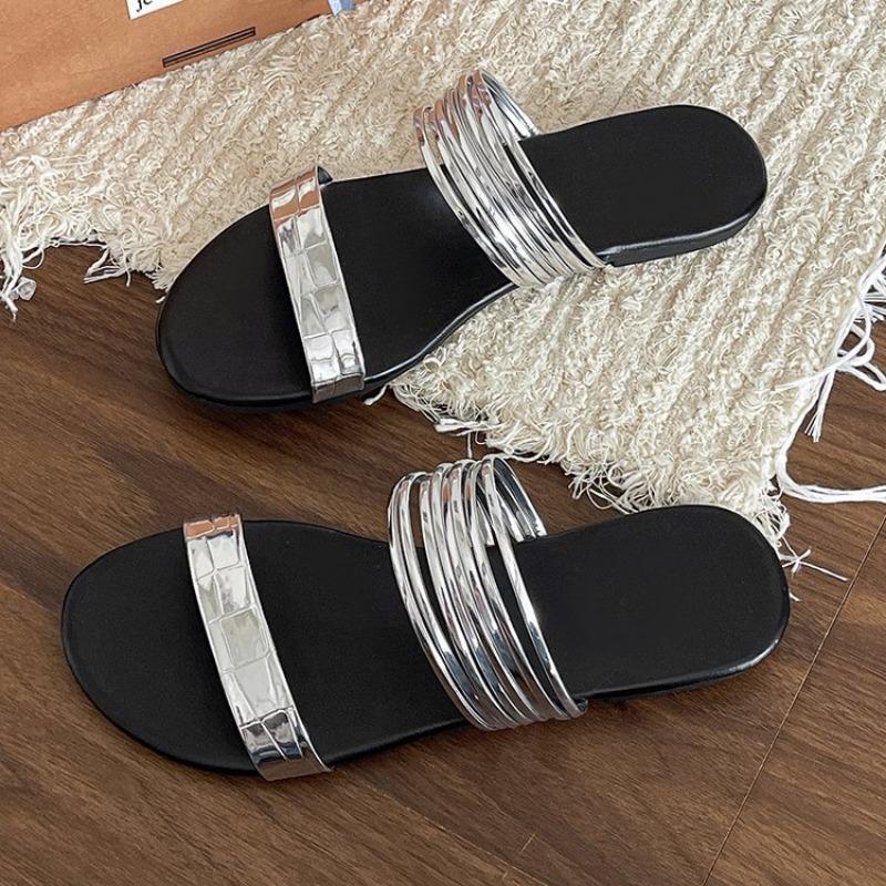 2024 Korean Version of Thin Belt Combination One Line Soft Leather Square Slippers Women's Open Toe Flat Beach Slippers