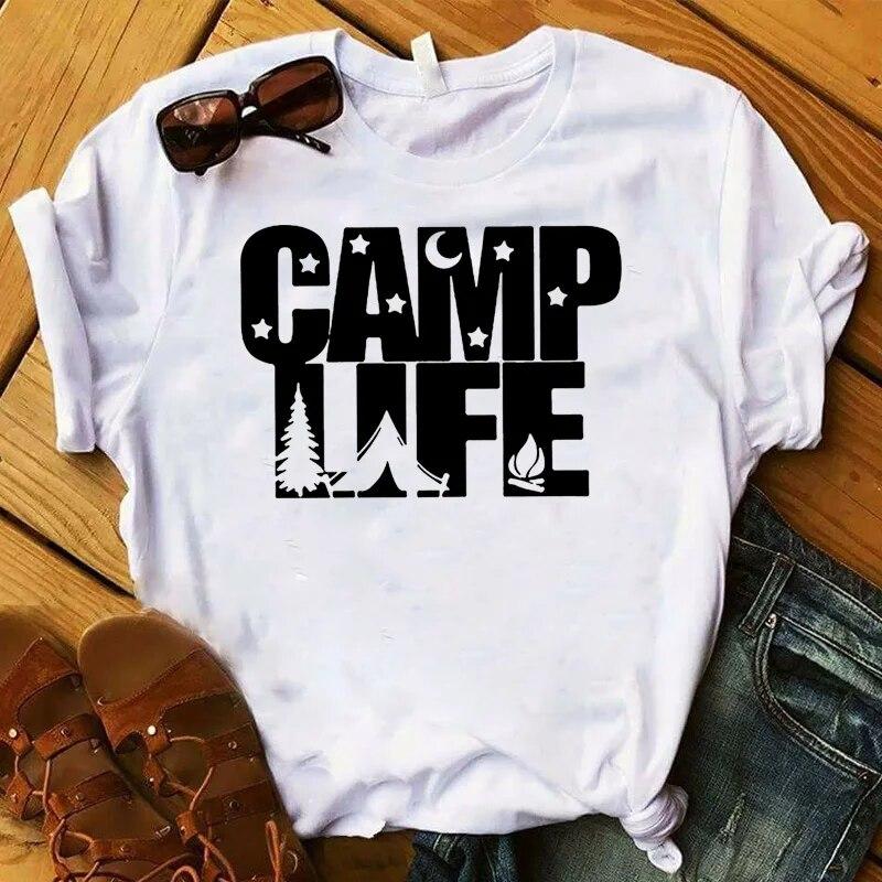 

Модная женская футболка размера плюс Happy Camper с цветочным принтом и цветочным принтом, футболка с рисунком, женский топ, футболка, женская одежда, футболка унисекс 4XL