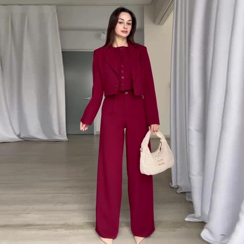 2024 Autumn Women's Solid Color Two-Piece Set: Turn-Down Collar Top & High-Waisted Long Pants