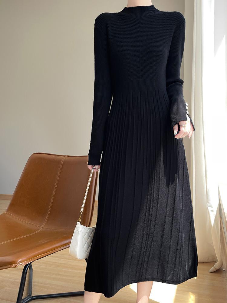Semi-turtleneck Solid Color Sweater Skirt Autumn and Winter Temperament Versatile Long Dress Slim and Thin a Word Knitted Bottoming Dress Women