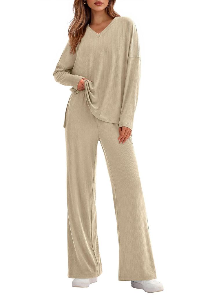 New Spring/Summer Two-Piece Set Cotton-Like Casual V-Neck Long-Sleeve Loose-Fit Pants Set for Women