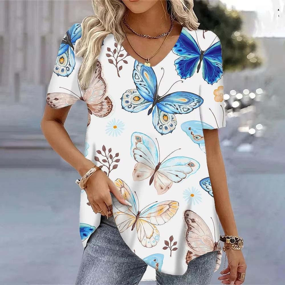 Casual Versatile Plant Pattern Short Sleeve V-Neck T-Shirts Women’s