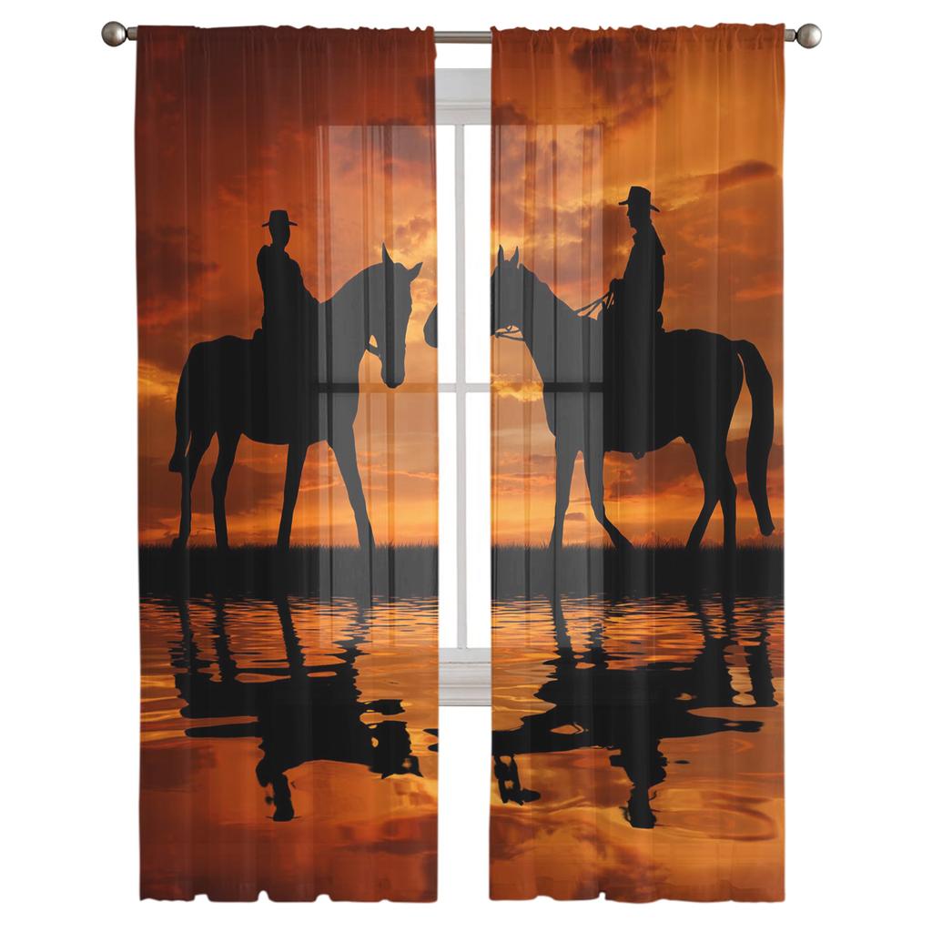 Western Cowboy Sunset Character Silhouette Tulle Curtains For Living Room Decoration Modern Chiffon Sheer Voile Kitchen Curtain