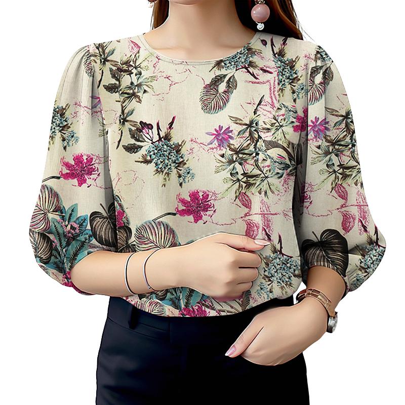 ZANZEA Women Casual Round Neck 3/4 Sleeve Loose Floral Cotton Blouse
