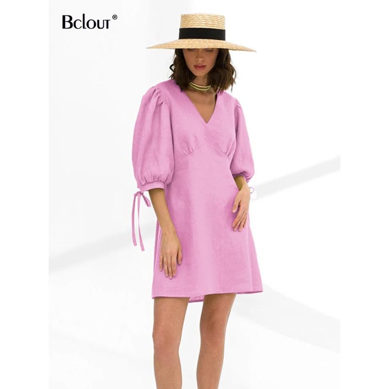 

Летнее платье женское элегантное с V-образным вырезом и рукавами-фонариками на шнуровке А-силуэта платья отпуск зеленый свободный мини-халат L розовый