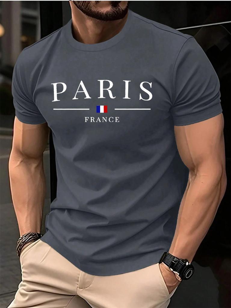 Summer men's 100% pure cotton casual loose plus size Paris French printed sports comfortable round neck short sleeved T-shirt