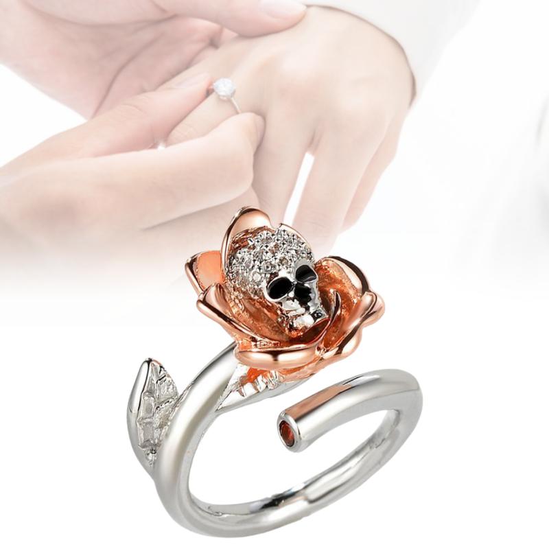 Inlaid Zircon Copper Ring Flower Skull Shape Adjustable Women Accessory Jewelry