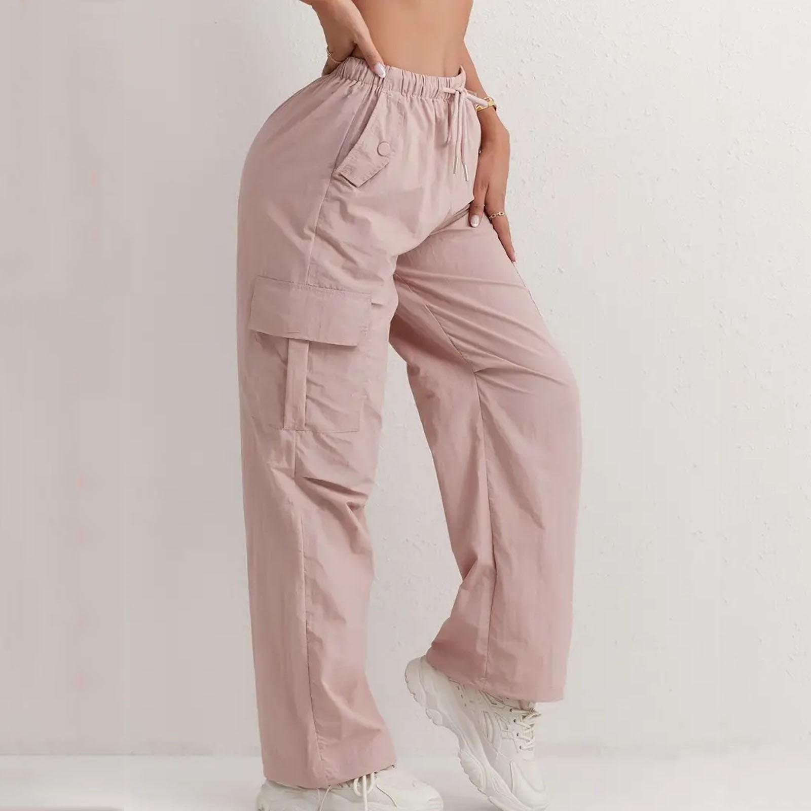 

Жіночі однотонні штани із завищеною талією, які швидко висихають, із зав’язкою, повсякденні широкі спортивні штани карго XL рожевий