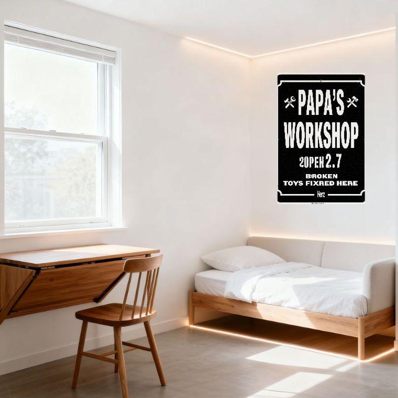 Vintage Papa's Workshop Metal Tin Sign with Wrench & Axe Icons, 'OPEN 2.7' & 'BROKEN TOYS FIXED HERE' Text, Home/Bar Man Cave De