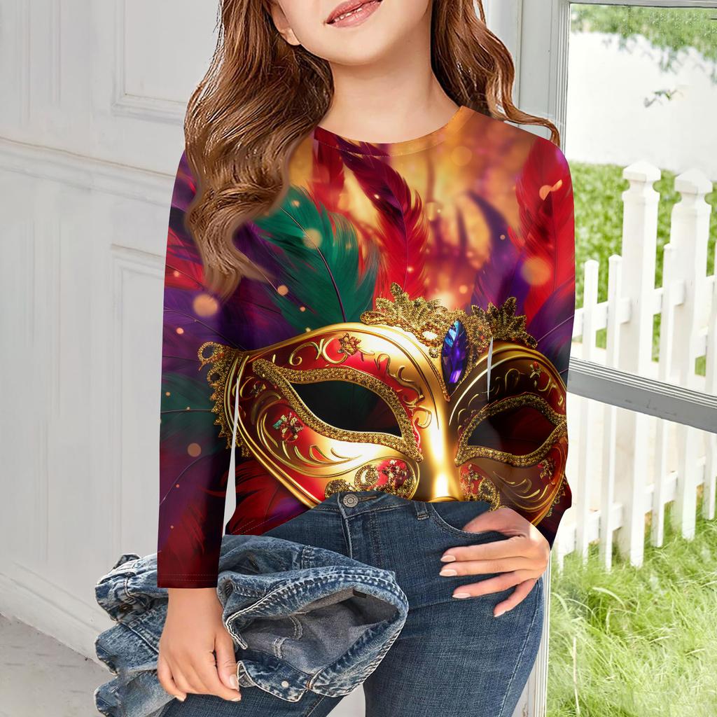 Dívčí trička s dlouhým rukávem Dětské podzimní topy Kulatý výstřih Potištěná základní trička