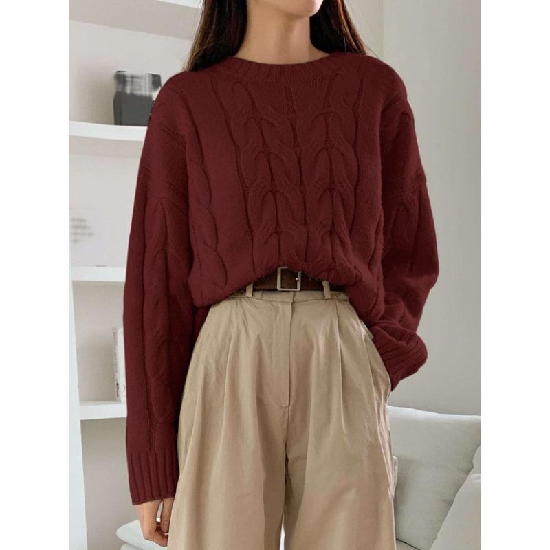 Casual simple knitted pullover autumn and winter women's twist loose round neck solid color versatile sweater women