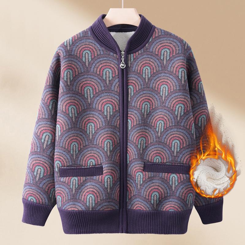Women's Fleece Lined Cardigan Zipper Front Stand Collar Printed Pattern Thickened Warm Short Jacket Senior Casual Outerwear