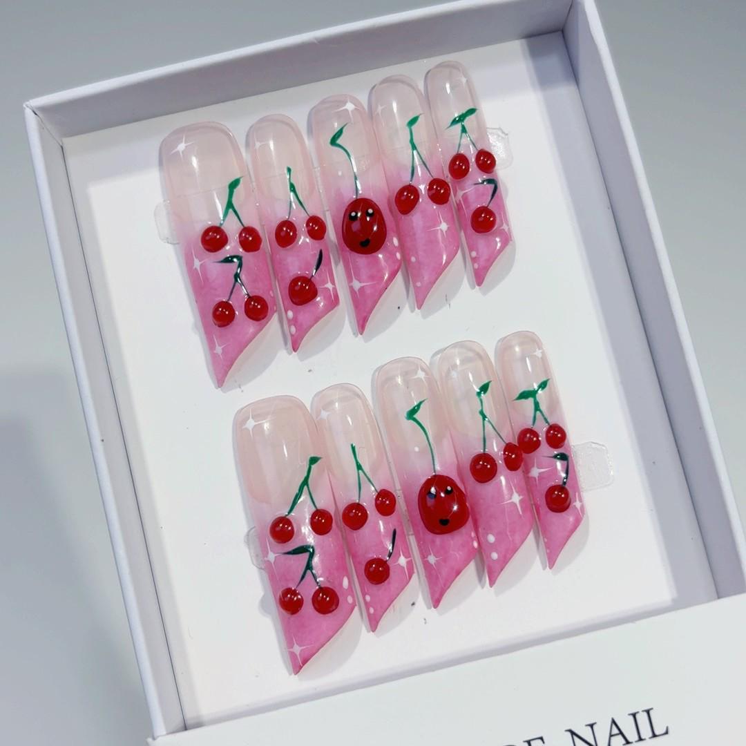 Cross-Border Little Cherry 4.0 Blade Water Pipe Nail: Transparent 3D Cartoon Handmade Summer Nails Medium