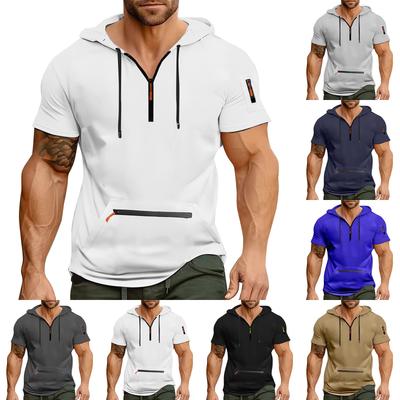 Men's Summer Shirt Zipper Pocket Short Sleeve Hooded Sweatshirt Men's Sports Large Size Casual Sweatshirt