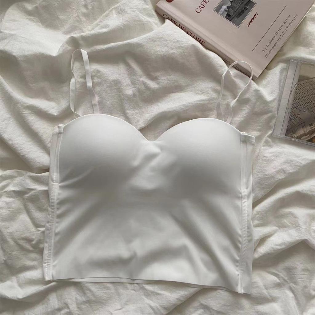 Top tomara que caia feminino lingerie com suspensório colete integrado sutiã peça externa franzido linda parte de trás sem marcas top de seda gelo almofada de peito fixa