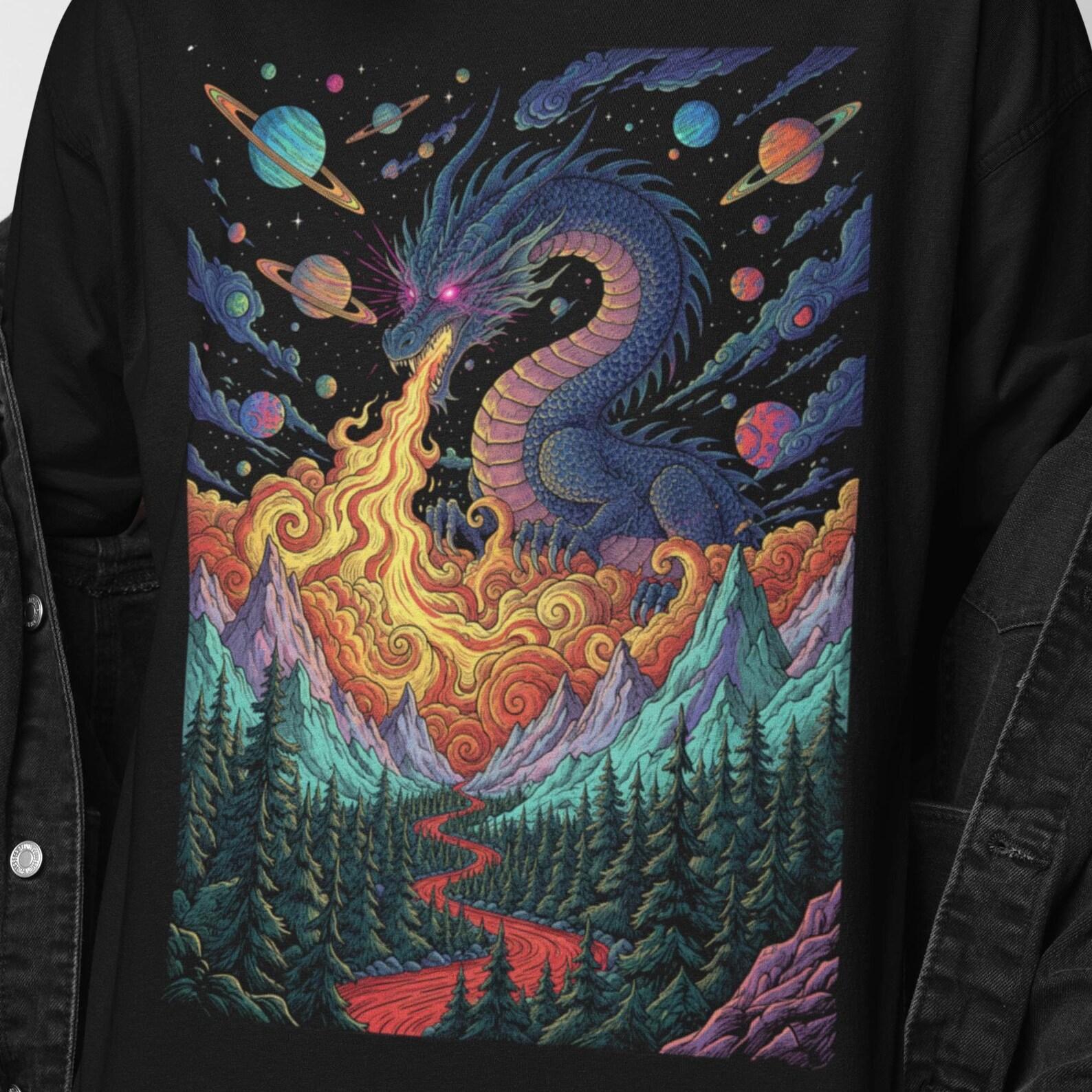 Galaxy Fire Dragon Shirt | Psychedelic Cosmic Dragon Tee | Trippy Space Fantasy Art | Surreal Fire Serpent Graphic | Dragon Gift Present 3XL