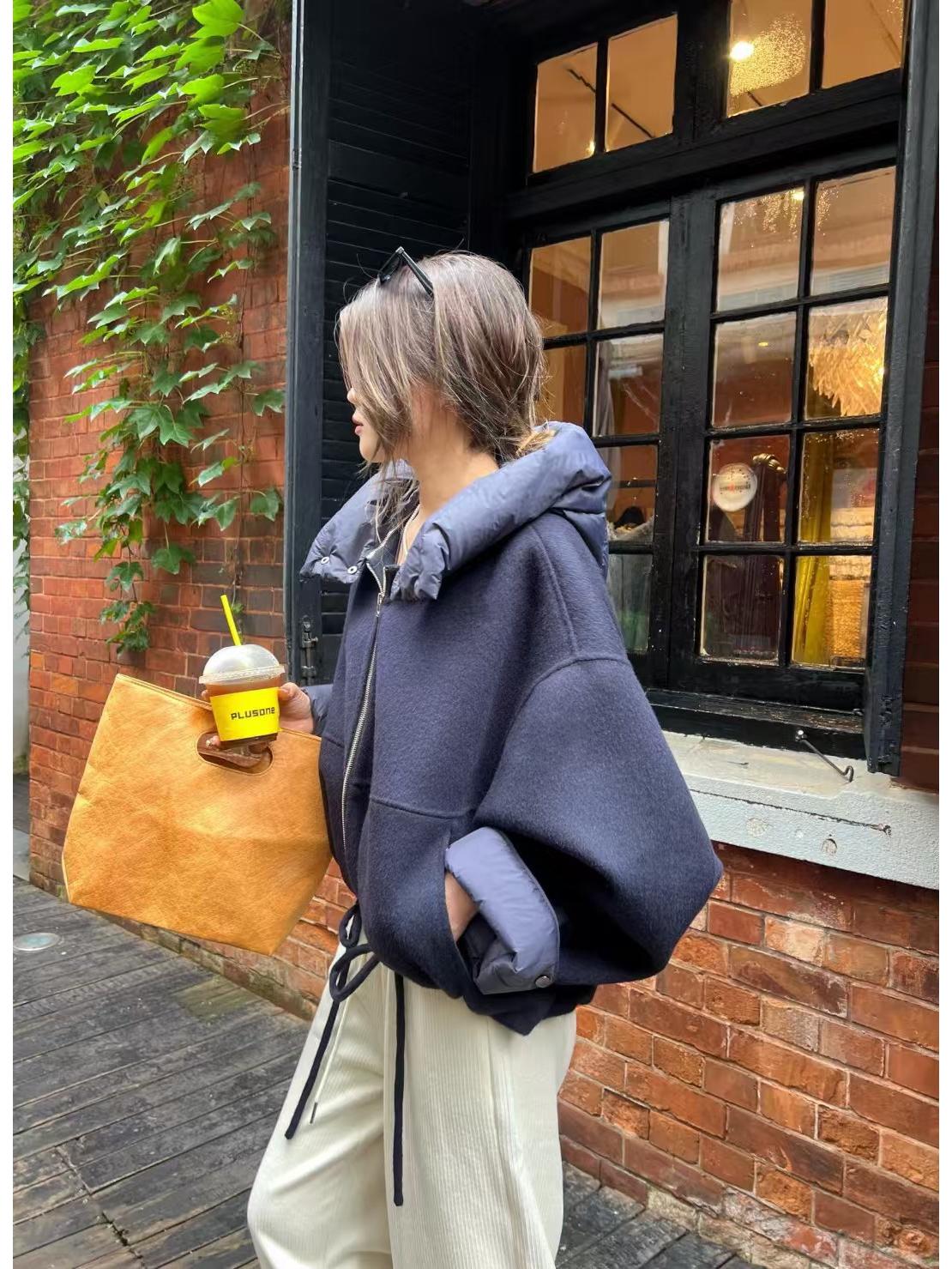 

Жіноче коротке двостороннє пухове вовняне пальто - Маленький вільний крій Кашеміровий клаптиковий стиль One Size темно-синього кольору