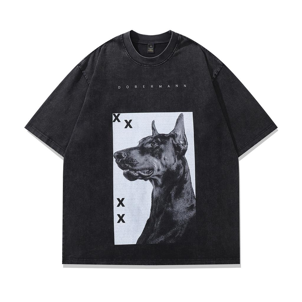 T-shirt a manica corta lavata effetto invecchiato con stampa Doberman, Direct Spray, High Street, Brand Trendy Retro Americano, Maglietta a mezza manica da uomo e da donna