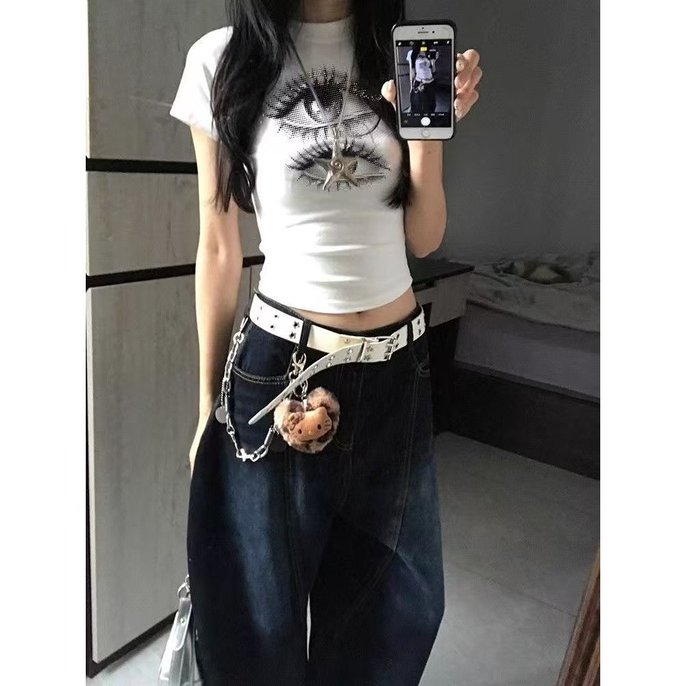 American Spice Girl Eye Print Short Sleeve Design T-Shirt Women's Summer Niche Slim Short Student Top