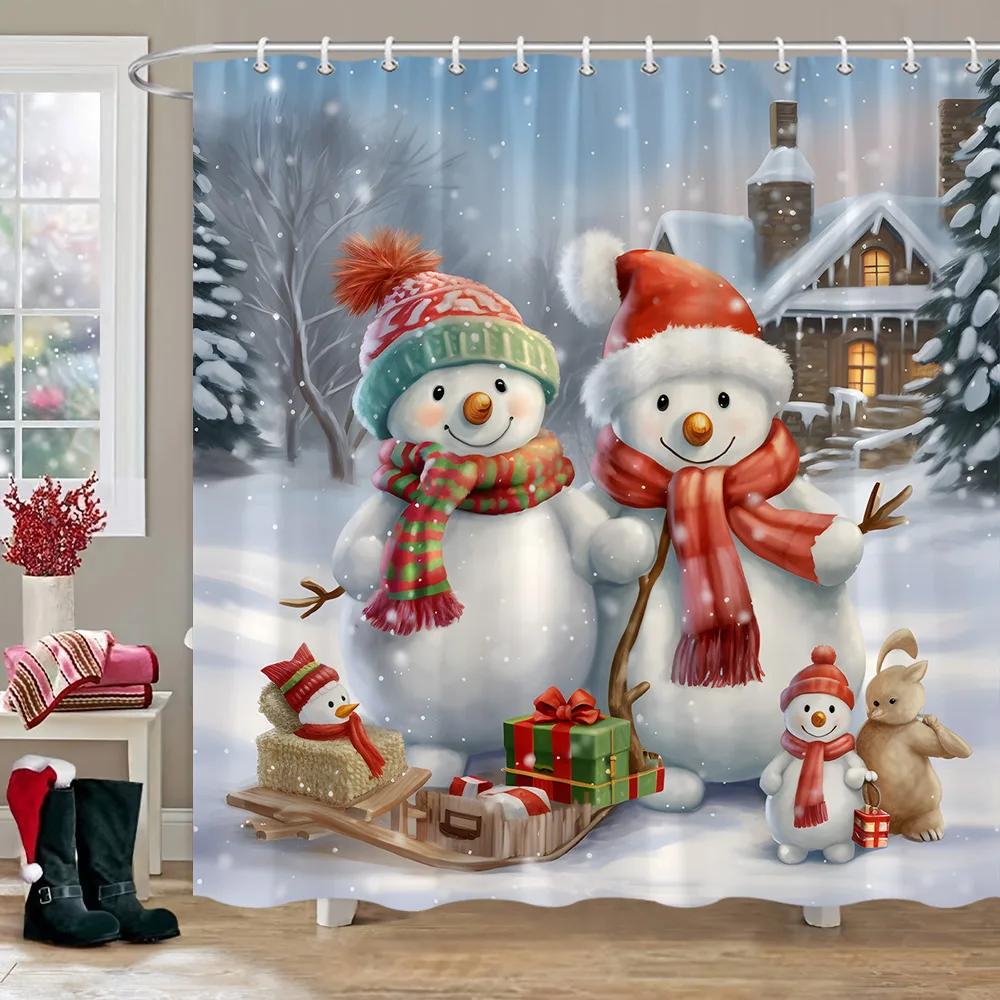 Christmas Snowman Shower Curtain Merry Santa Elf Deer Red Truck Polyester Fabric Printed Bath Curtains Bathroom Decor With Hoo