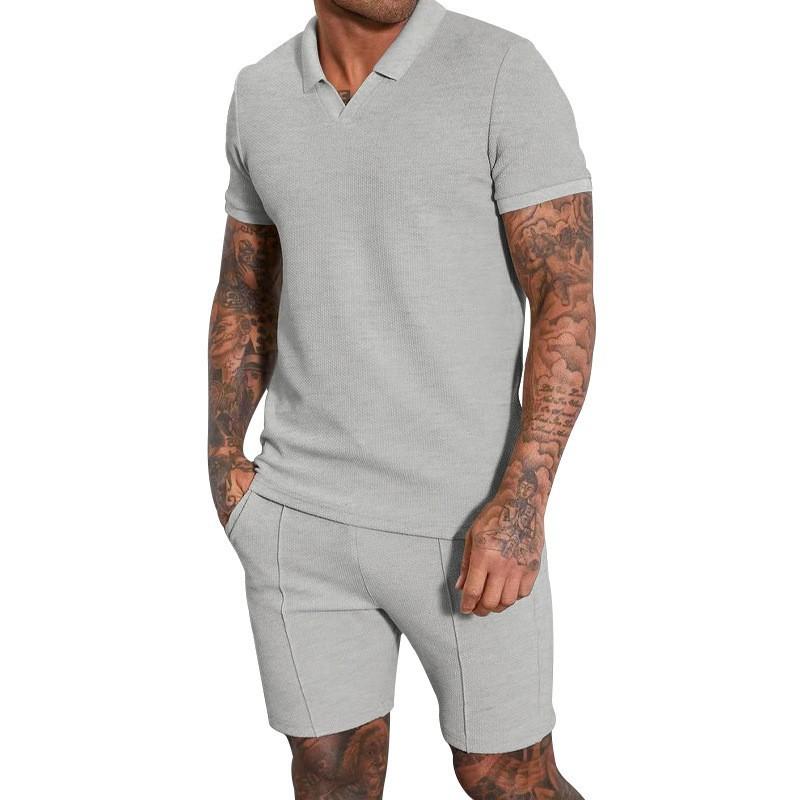New Summer V-neck Short-sleeved Shorts Two-piece Set with Turn-down Collar Polo Shirt for Men