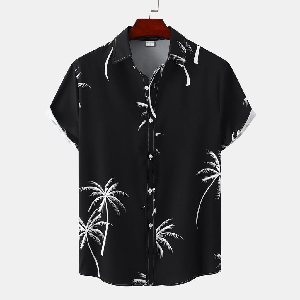 Men's Summer New Loose Print Short Sleeve Shirt Cardigan Beach Shirt