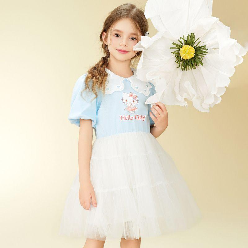 Hello Kitty Хелло Китти Детское платье с коротким рукавом 2024 Новое для девочки Сладкое сетчатое платье-принцесса Blue 110