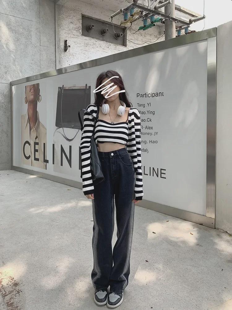 Women's Black High-Waist Straight Wide-Leg Jeans - Spring/Summer 2022 Trendy Versatile Loose Fit