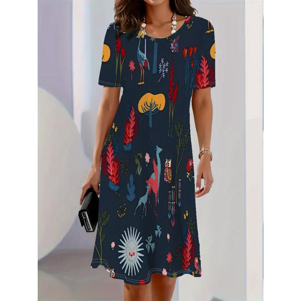 Women Dress Fashion Flower Pattern Printing Summer New Temperament Elegant Casual Women A-Line Dress Short Sleeve Mini Dress