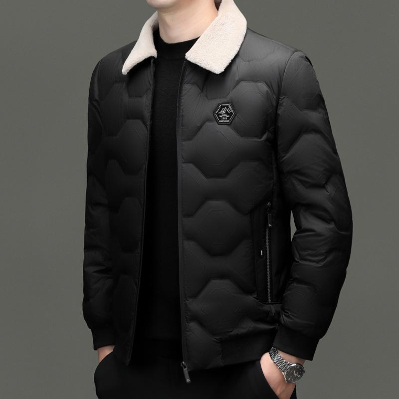 Men's Wool Collar Lightweight Down Jacket - Fashionable, Warm, Short Lapel Winter Coat for Middle-Aged