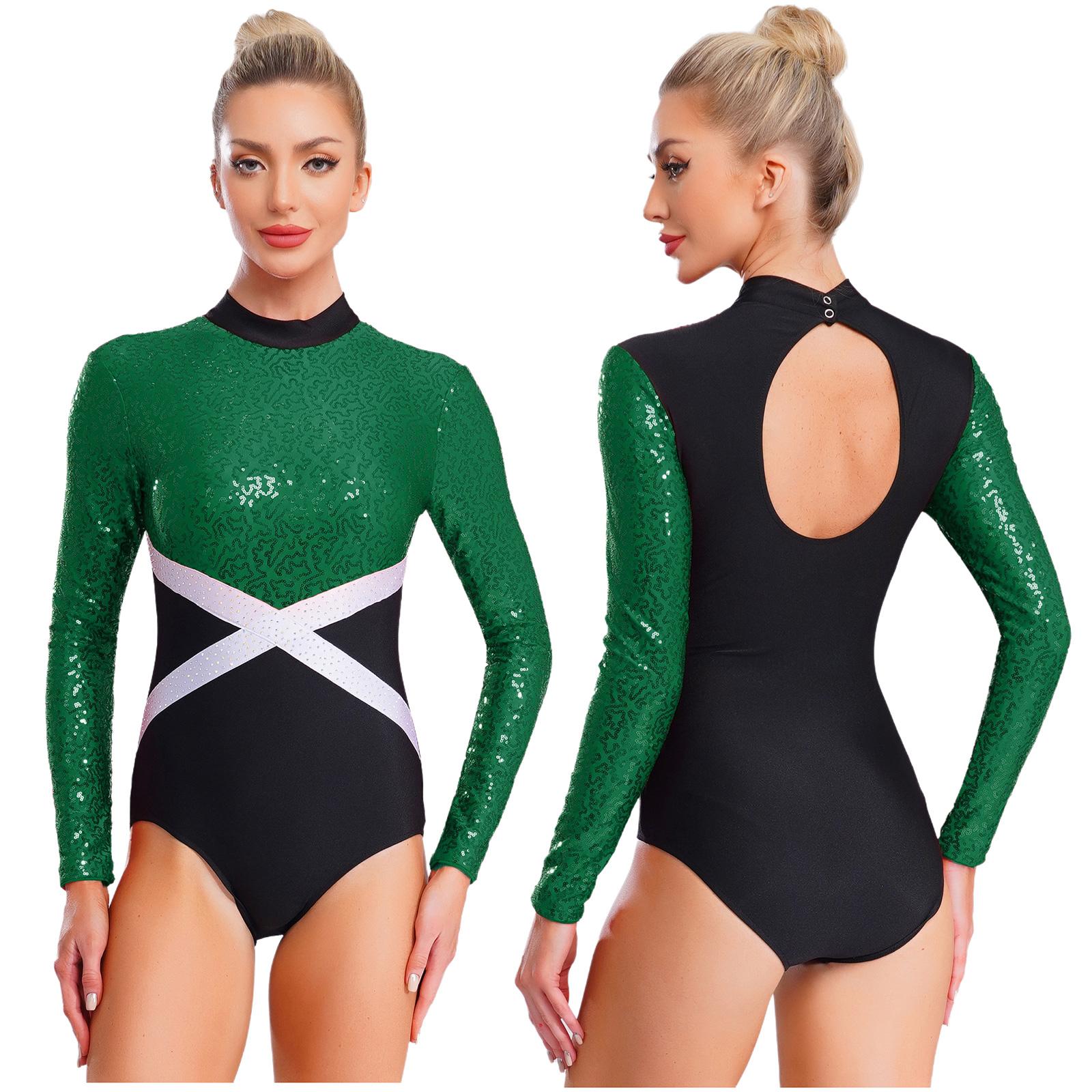 Women Long Sleeve Shiny Sequin Rhinestone Rhythmic Gymnastics Leotard Figure Skating Ballet Dance Acrobatics Bodysuit Dancewear S темно-зеленого