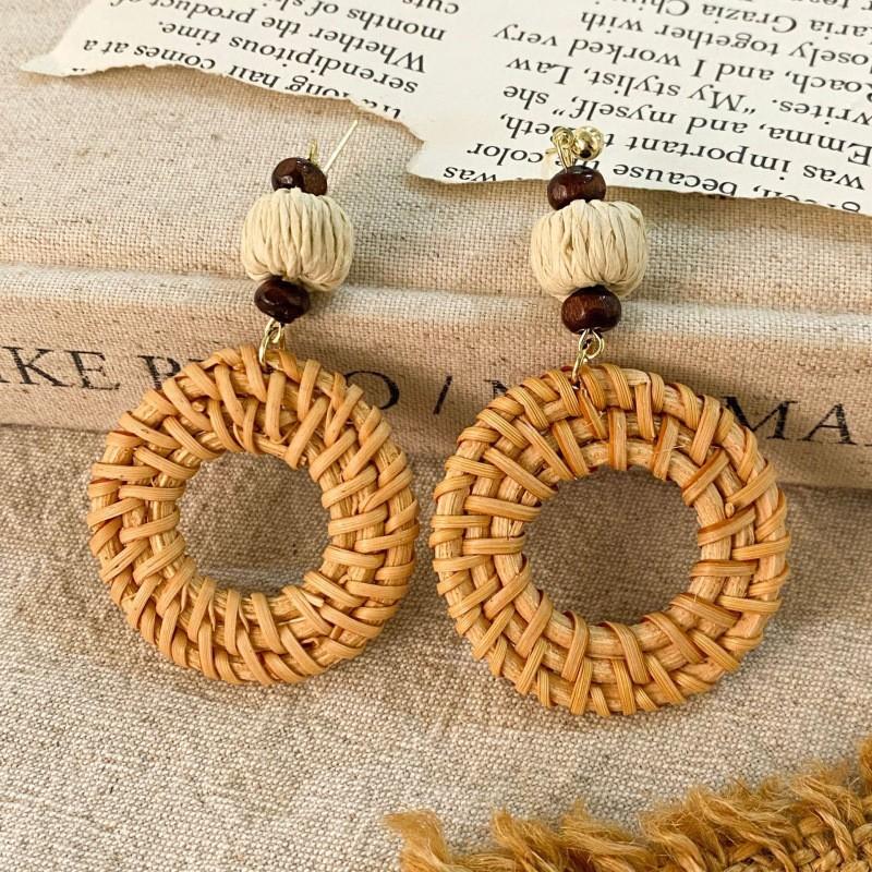 Vintage Round Rattan Weave Earrings For Women Exaggerated Large Circle Geometric Dangle Earrings Vacation Jewelry Accessories