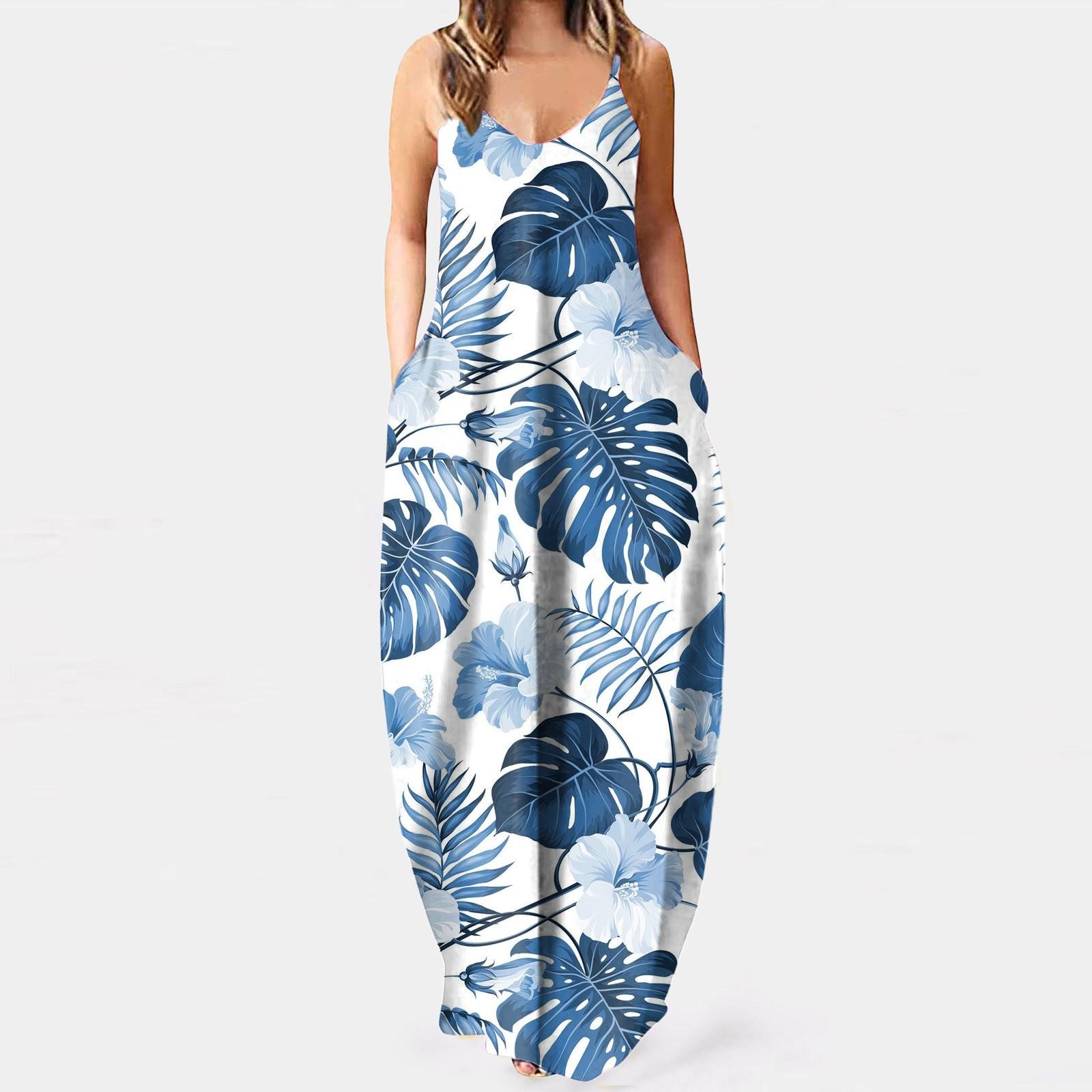 

Повседневное модное женское длинное платье без рукавов с ботаническим принтом и v-образным вырезом M синий