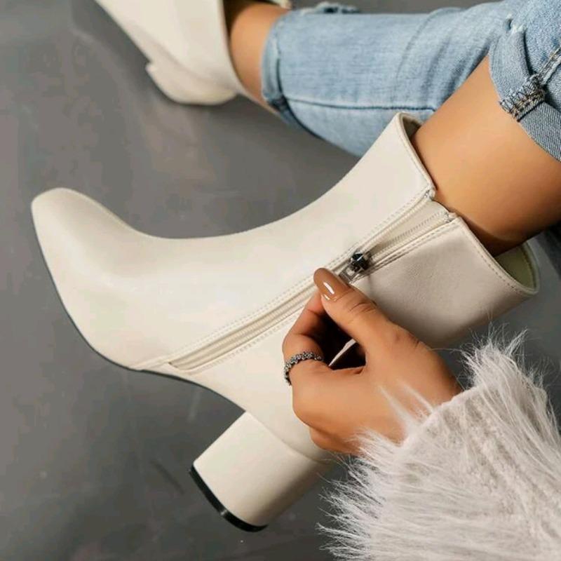 Short boots women's autumn new high heel thick heel small square head side zipper leather boots boos medium tube