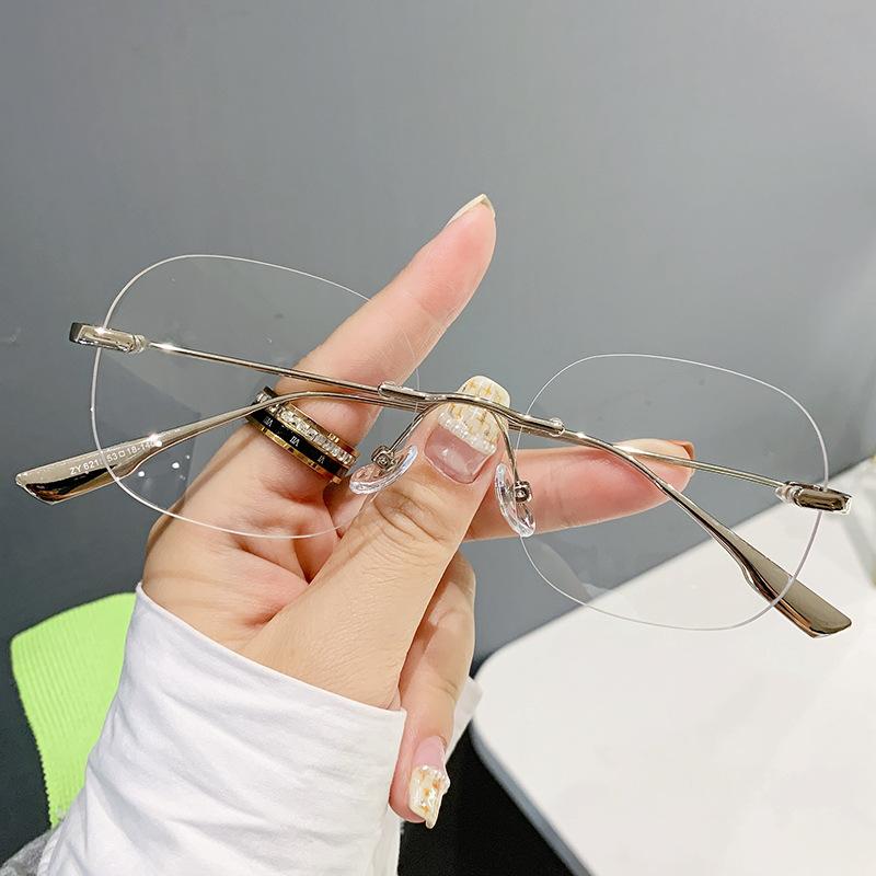 Anti-Blue Flat Glasses For Women, Metal Frameless Polygonal Glasses Frame Can Be Equipped With Myopia Glasses Frame