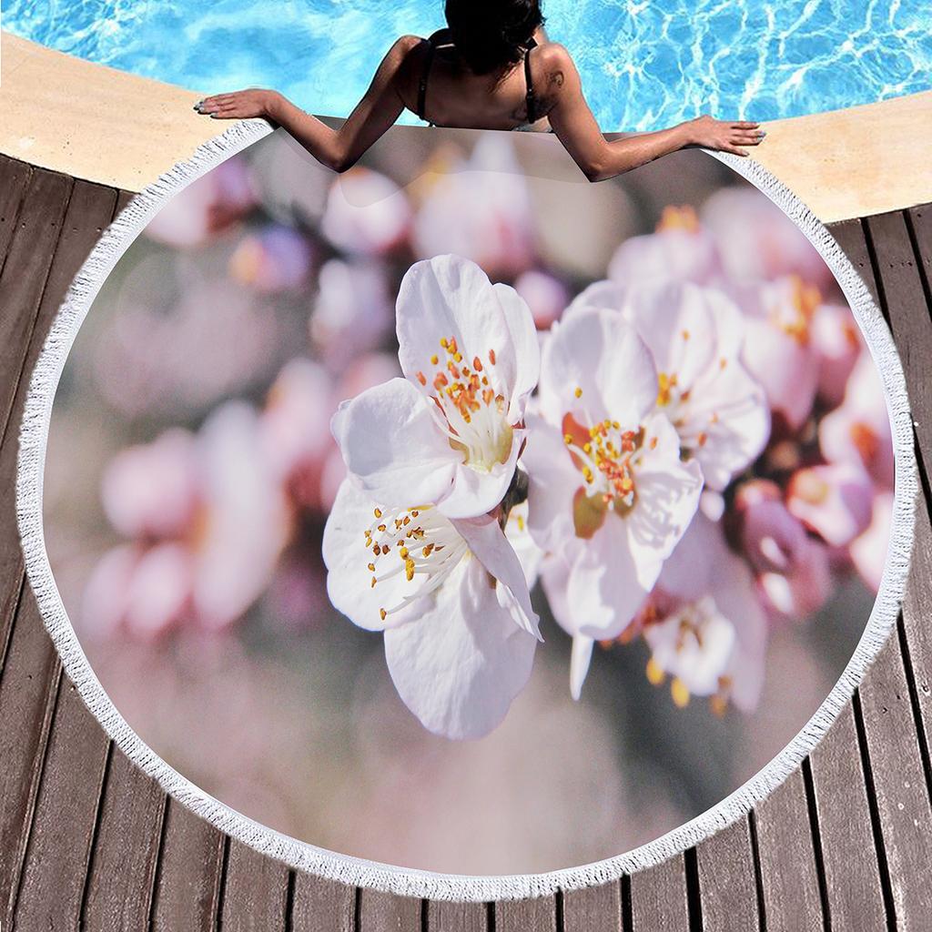 Peach Blossom Pattern Round Beach Towel, Microfiber Lightweight Beach Blanket, Soft Absorbent Quick Dry Pool Towel Picnic Mat