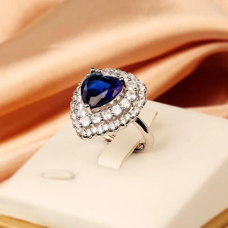 Exquisite Charm Blue Red Green Heart Zircon  Sterling Silver Ring For Women Fashion Wedding Gift  Anillos Mujer