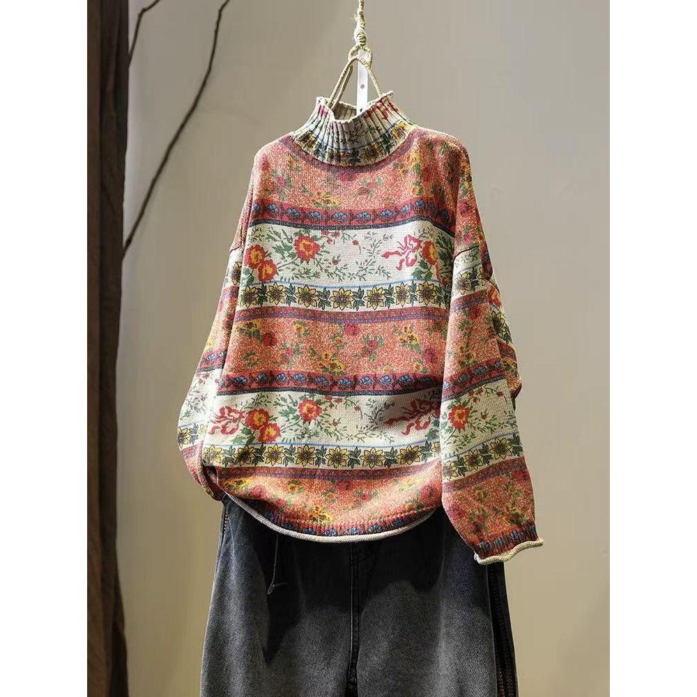Korean Vintage Floral Print Mock Neck Casual Loose Sweater Woman Autumn Fashion Long Sleeves Sweater