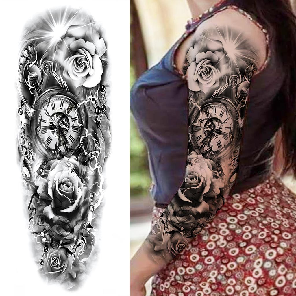 1 Sheet Long Sleeve Temporary Tattoos For Men Women Flower Skull Lion Wolf Tiger Nun Fox Compass Tattoo Sticker Body Art Arm Leg