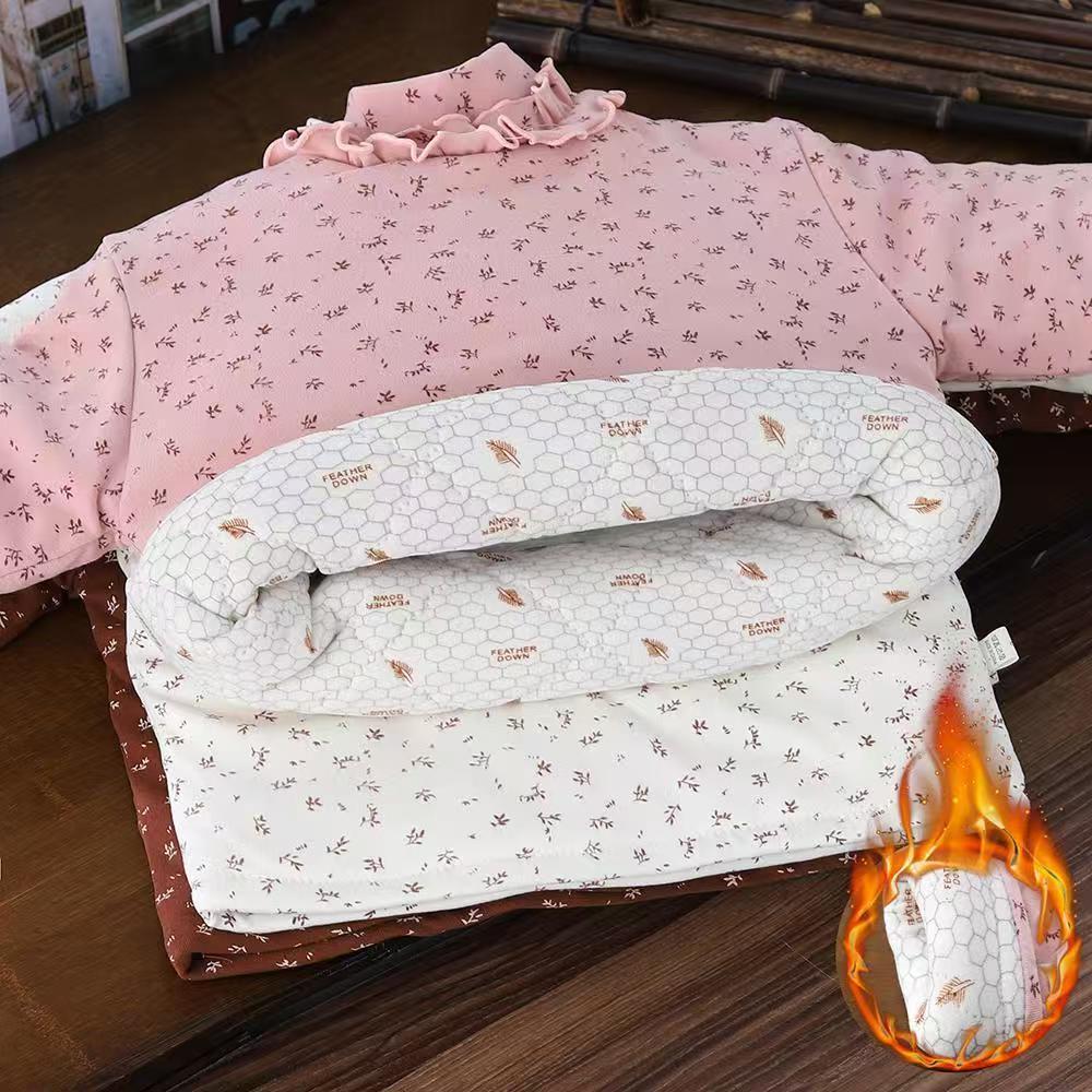 Girls' Floral Print Cotton Coat with Lace Collar - Warm Autumn/Winter Layer