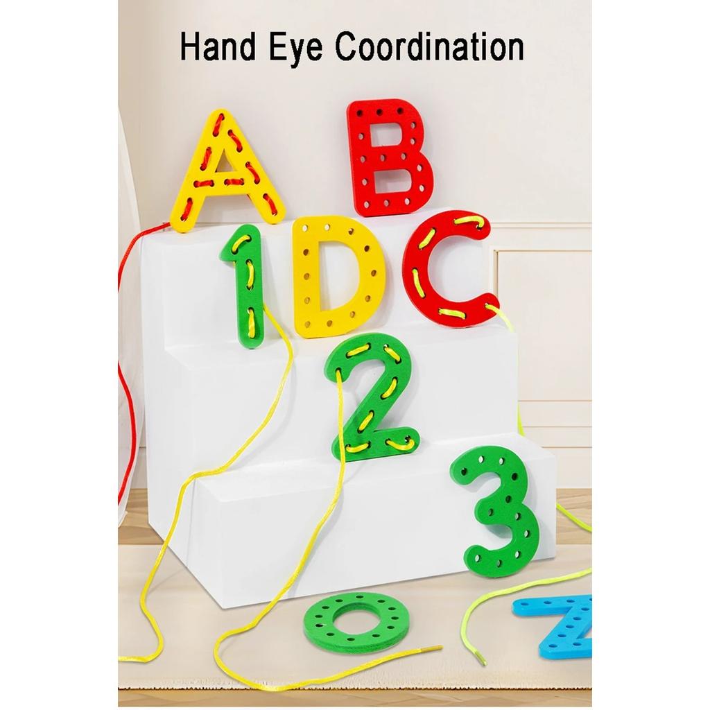 Wooden Number Letter Rope Game Early Education Cognitive Handmade Rope Letter Educational Toys Hand Eye Coordination Training