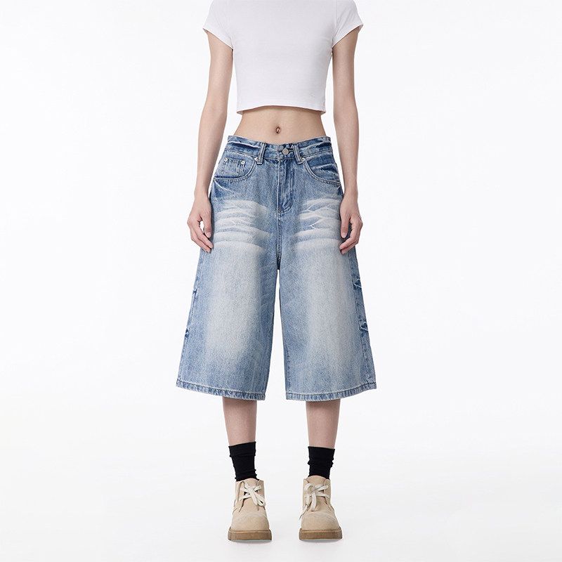 Black of Exit American Retro Washed Denim Shorts Unisex A-Line Loose Fit Cropped Pants Trendy