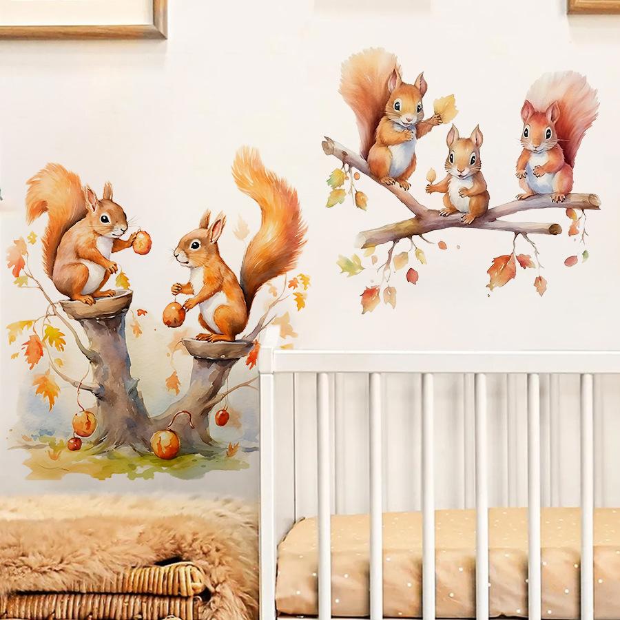 Warm Cute Cartoon Squirrel Family Wall Stickers, Self-Adhesive Decor for Kids Room Bedroom Kindergarten Decoration