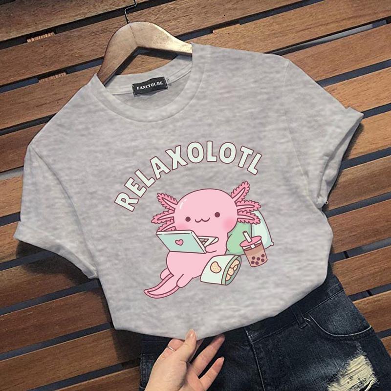 New Personalized Creative Axolotl Graphic Print T-shirt Cute RELAXOLOTL Harajuku Casual Loose Short-sleeved Shirt