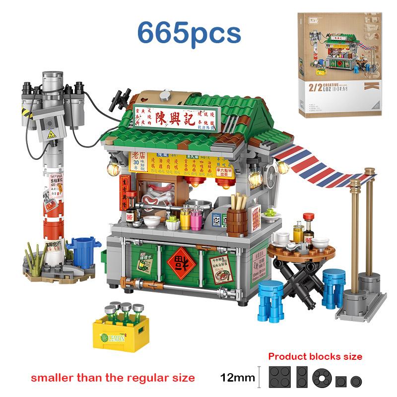 LOZ Mini Japanischer Takoyaki Straßenansicht Bausteine Chinesischer Stil Essensstand Hong Kong Lebensmittelgeschäft Haus Stein Für Kinder Geschenke