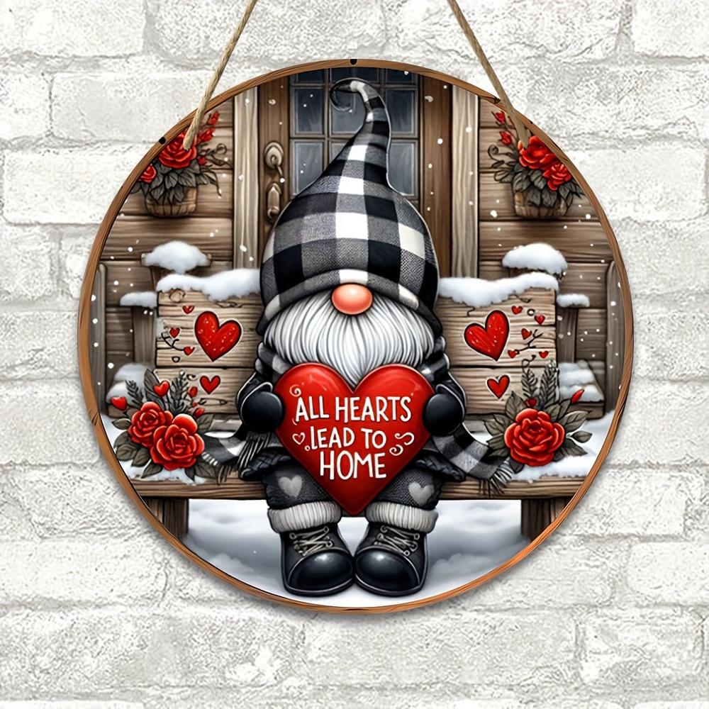 1pc 2D Flat Valentine's Day Gnome Wooden Door Sign Love Heart Welcome Hanging Wooden Sign For Valentines Day Anniversary Home Wall Decor