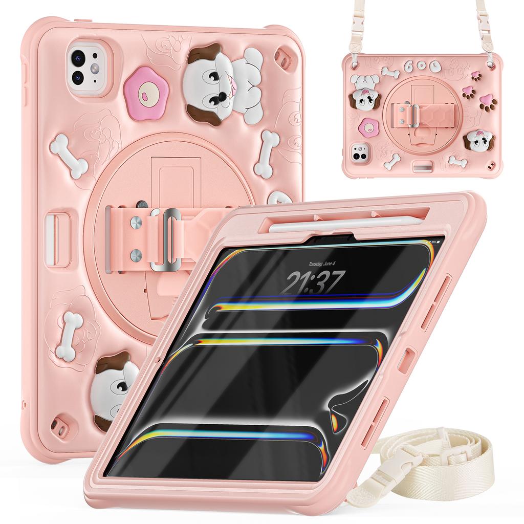 For iPad Pro 11 (2025)/11 (2024) Case with Shoulder Strap Kickstand Cute Dog PC+Silicone+TPU Tablet Cover