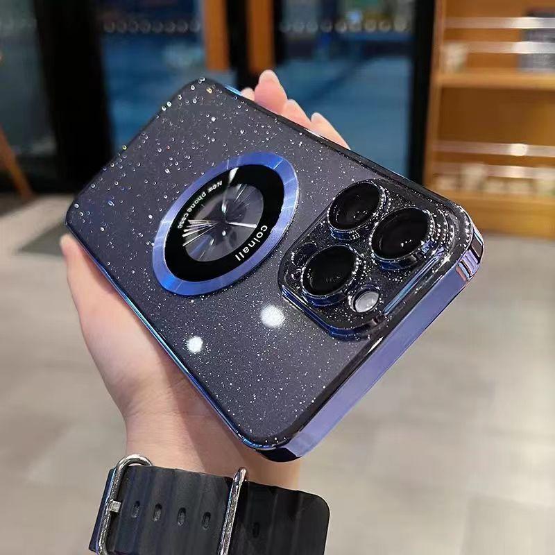 Metal Magnetic Bracket IPhone 16 Mobile Phone Case Suitable for Apple 15Pro Electroplated PC Flash Powder Protective Case Transparent