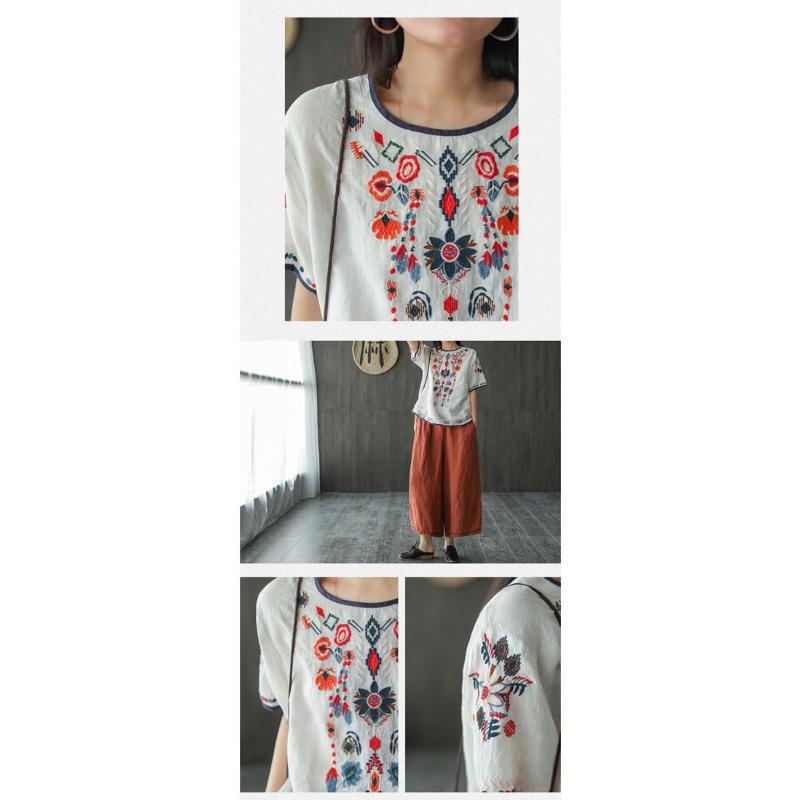 Ethnic Style Cotton and Linen Embroidered T-shirt for Women Summer Retro Loose Versatile Short-sleeved Top