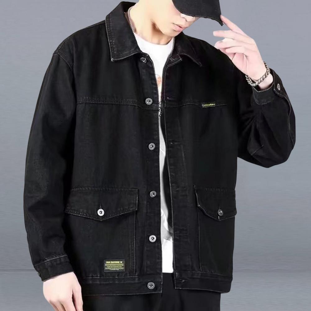 Versatile Denim Jacket Stylish Men's Denim Jacket with Lapel Collar Long Sleeves Large Pockets Fashionable Spring Autumn for Men